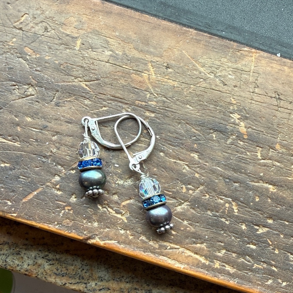 Elegant Blue Crystal, Black Pearl and Sterling Silver Silver Drop Earrings